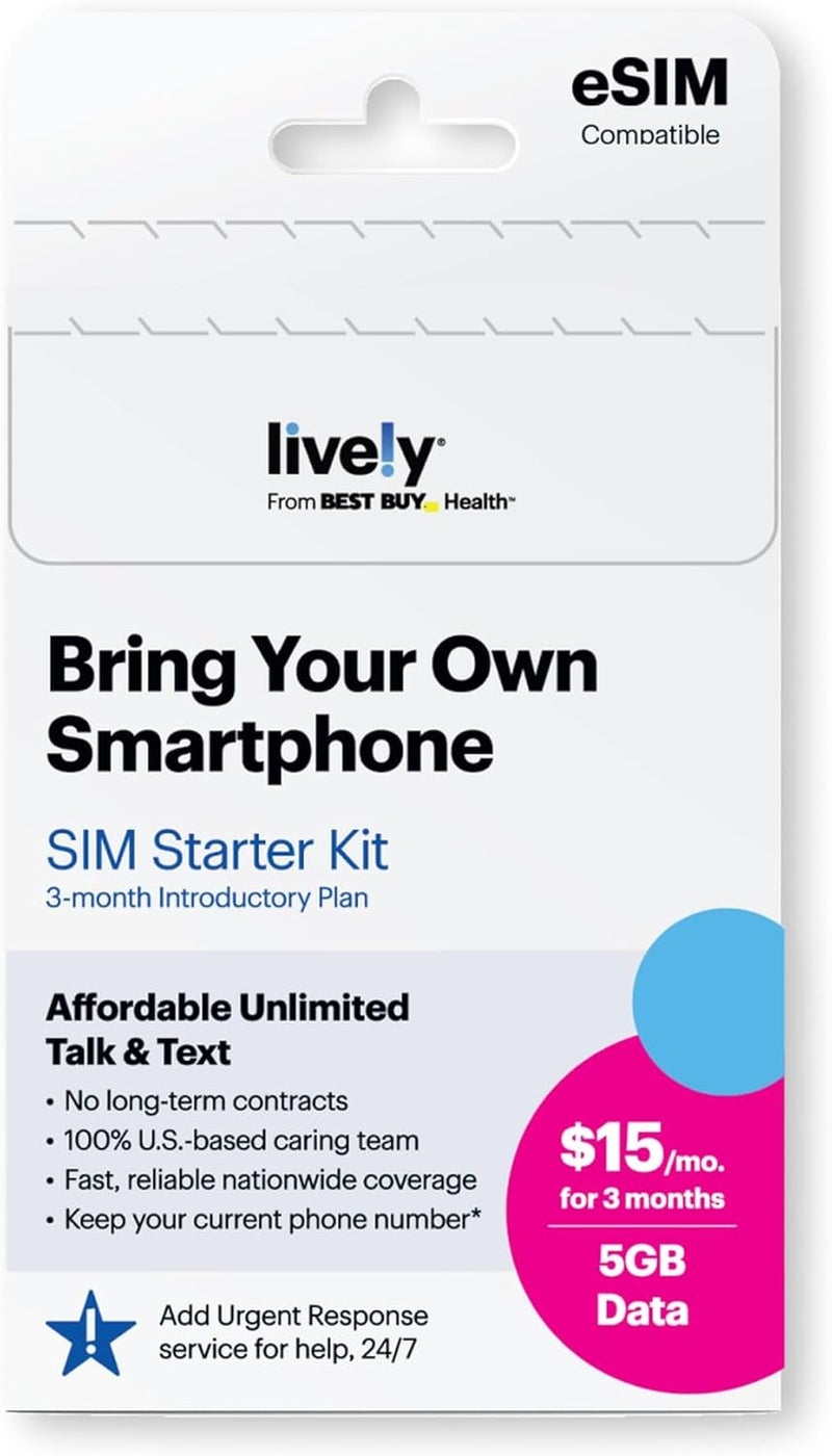 Lively SIM/e-SIM Kit - Unlimited Talk & Text and 5GB Data with Access to Exclusive Services Including Urgent Response and Caregiver App - Keep Your Own Phone Number - Image 1